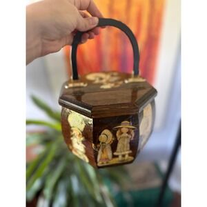 Vintage Wooden Purse Handbag Holly Hobbie Style Novelty Top Handle Bag